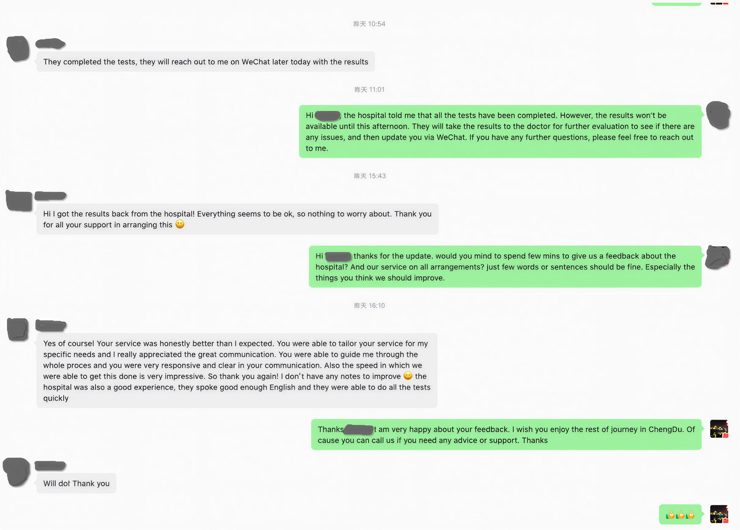 Redacted patient feedback screenshot
